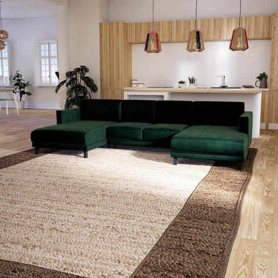 Canapé en U Velours - Vert Sapin, design épuré, canapé dangle panoramique, grand et tendance, avec pieds - 304 x 75 x 162 cm, modulable