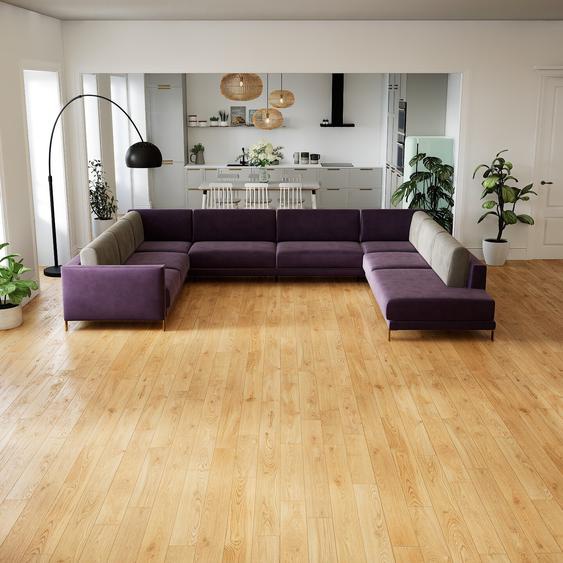 Canapé en U Velours - Violet, design épuré, canapé dangle panoramique, grand et tendance, avec pieds - 388 x 75 x 294 cm, modulable
