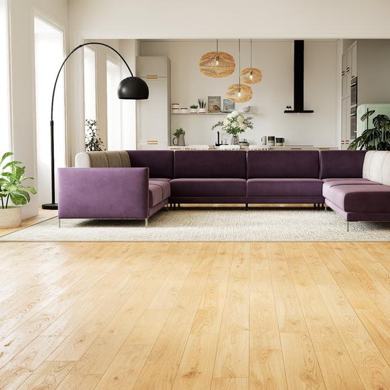 Canapé en U Velours - Violet, design épuré, canapé dangle panoramique, grand et tendance, avec pieds - 388 x 75 x 294 cm, modulable