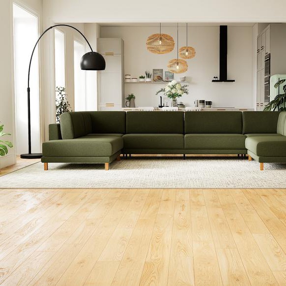 Canapé en U - Vert Olive, design épuré, canapé dangle panoramique, grand et tendance, avec pieds - 388 x 75 x 214 cm, modulable