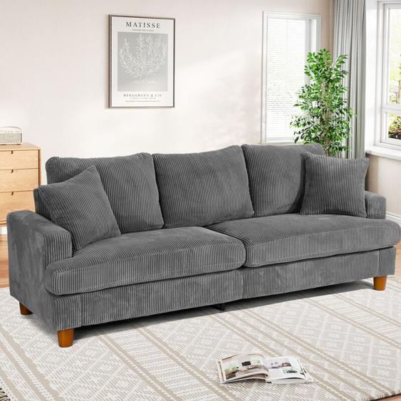 Keepbuying - Canapé en Velours Côtelé 3 Places,Grand Canapé Droit Rembourré Moderne avec Sièges extra profonds de 53cm,2 Coussins,220L x 76l x 84H