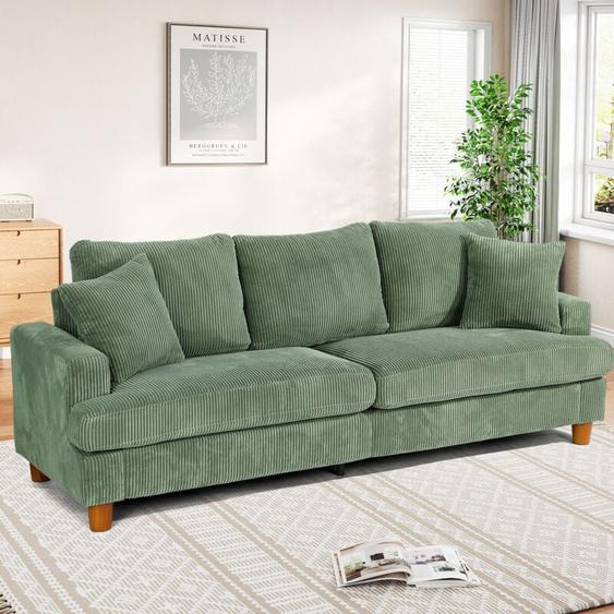 Canapé en Velours Côtelé 3 Places,Grand Canapé Droit Rembourré Moderne avec Sièges extra profonds de 53cm,2 Coussins,220L x 76l x 84H cm,Vert