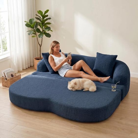 Canapé-lit 2 places LVHOM en chenille, canapé convertible, canapé de sol avec fonction couchage, lit dappoint pliable pour salon de style Japandi, bleu