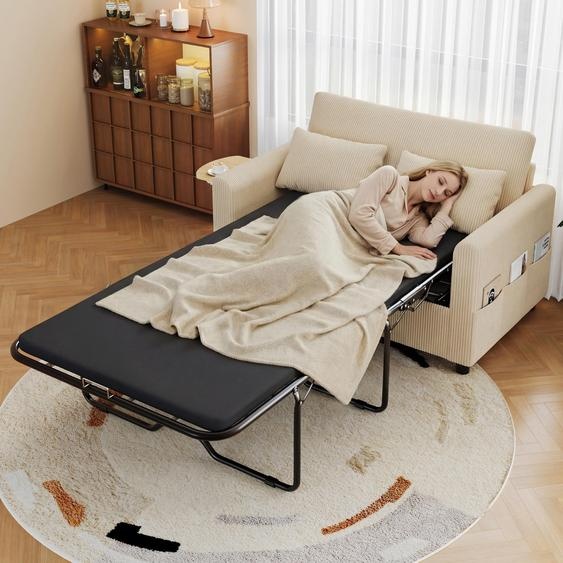 Canapé-lit 2 places Merax, canapé convertible avec fonction lit, table dappoint rabattable, ports USB et USB-C, matelas et 2 oreillers, 2 draps, beige
