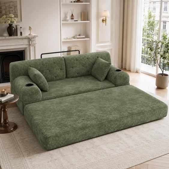 Canapé-lit 2 places, tissu Cord compact, dossier haut, structure métallique, rembourrage en mousse haute densité, 2 porte-gobelets, 4 poches latérales, dimensions : 168 x 80 x 81 cm, couleur : vert