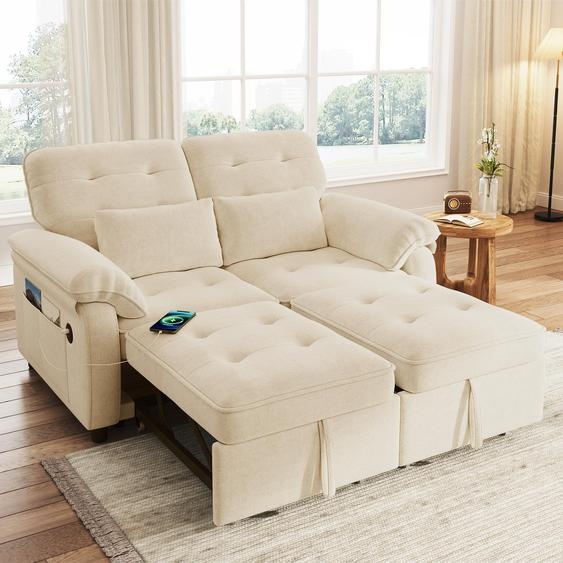 Canapé-lit 3 en 1 Merax, canapé-lit 2 places avec fonction couchage, dossier réglable, avec ports USB et Type-C, 2 coussins, canapé-lit, beige