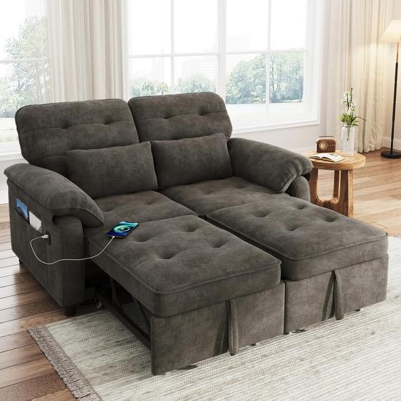 Canapé-lit 3 en 1 Merax, canapé-lit 2 places avec fonction couchage, dossier réglable, avec ports USB et Type-C, 2 coussins, canapé-lit, gris