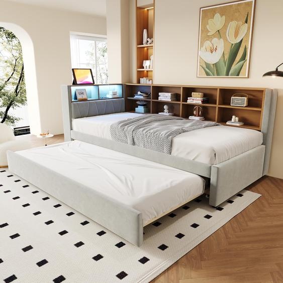Canapé-lit 90 x 200 cm avec lit dappoint 90 x 190 cm, éclairage LED, ports USB/Type-C/prise électrique, espaces de rangement, 24 lattes, tissu en flanelle, couleur gris clair