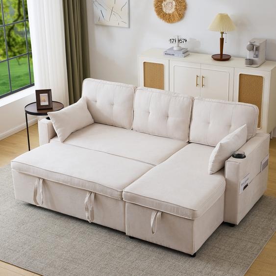 Canapé-lit avec fonction sommeil, canapé en L, fauteuil lounge avec espace de rangement, avec porte-gobelet, canapé-lit de salon, interchangeable à gauche et à droite,