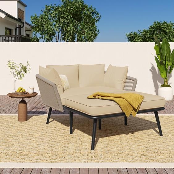 Canapé-lit de jardin avec 2 coussins et 2 oreillers, chaise longue dextérieur pour 2 personnes, ensemble de mobilier de salon, coussins amovibles et lavables, couleur kaki