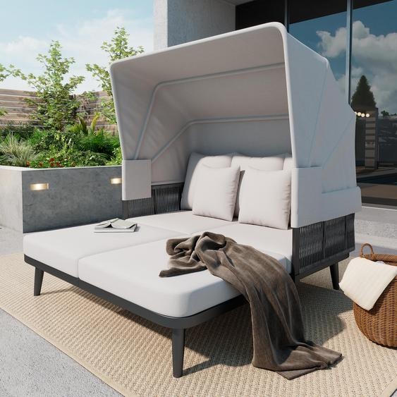 Canapé-lit de jardin avec auvent coulissant, chaise longue en osier dextérieur, structure en acier galvanisé, coussins de 10 cm dépaisseur, gris