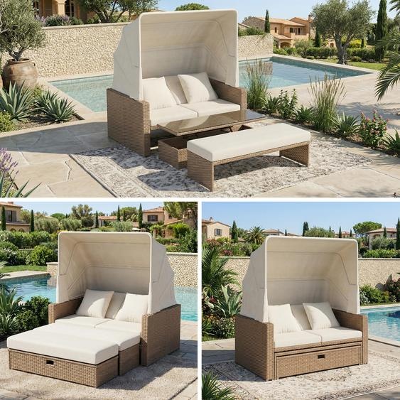 Canapé-lit de jardin en rotin pour 2 à 4 personnes, canapé de jardin avec pare-soleil rétractable, table basse réglable, rotin PE et mousse, couleur kaki