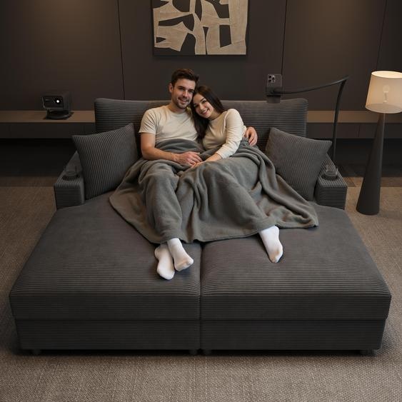 Canapé-lit double Fortuna Lai avec fonction couchage, surface de couchage rembourrée, support pour téléphone portable, port USB et porte-gobelet. Convient pour le salon, la chambre à coucher ou le home cinéma. Gris.