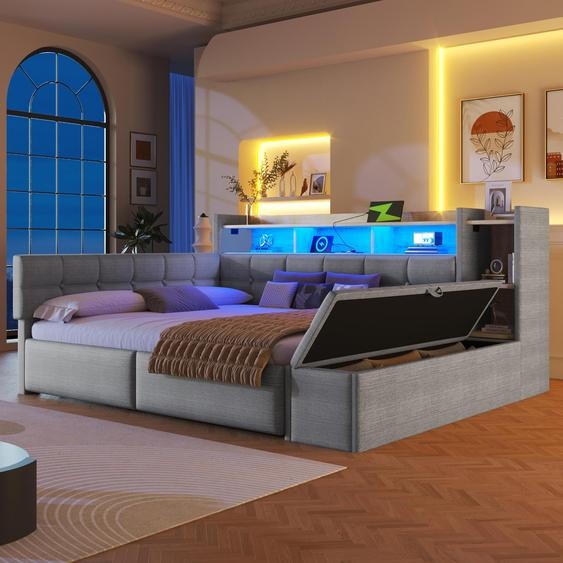 Canapé-lit Fliek 140 x 190 cm avec pouf hydraulique, lit rembourré double avec fonction de rangement et cuir, lit pour adolescent en velours avec rangements, clair