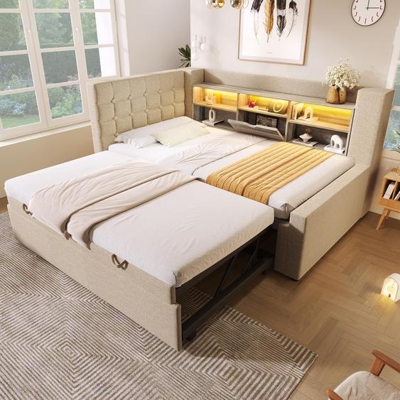 Canapé-lit Fliek 90 x 200 cm avec lit gigogne 90 x 190 cm, lit rembourré avec fonction de rangement, lit simple pour adolescent avec LED et espace de rangement, lin, beige