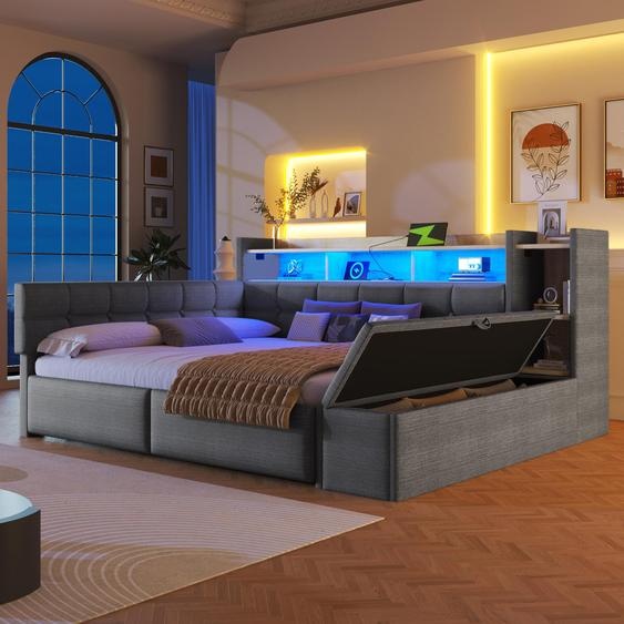 Canapé-lit Flieks 140 x 190 cm avec repose-pieds hydraulique, lit rembourré double avec fonction de rangement et cuir, lit pour adolescent en velours avec rangements, gris