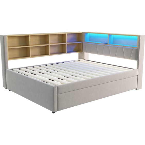 Canapé-lit Fortuna Lai 140*200, lit gigogne 90*190 avec prise USB et nombreux compartiments de rangement, lit rembourré, canapé-lit multifonction, lit simple, gris clair.