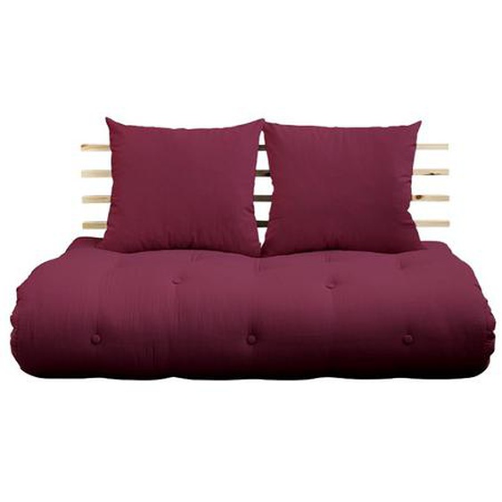 Canapé lit futon SHIN SANO bordeaux et pin massif couchage 140*200 cm.