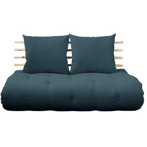 Canapé lit futon SHIN SANO bleu pétrole et pin massif couchage 140*200 cm.