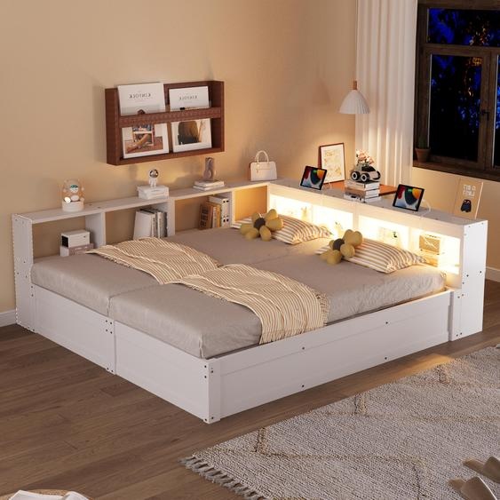 Canapé-lit hydraulique Flieks avec structure en bois, 90 x 200 cm / 180 x 200 cm, avec rangements, lit de jour avec fonction de rangement et éclairage LED, blanc