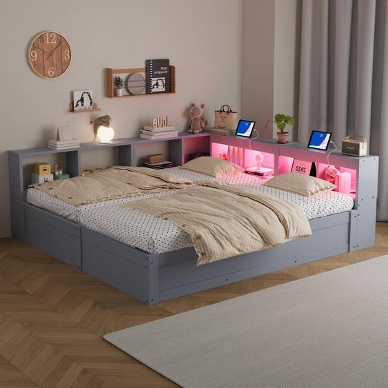 Canapé-lit hydraulique Flieks avec structure en bois, 90 x 200 cm / 180 x 200 cm, avec rangements, lit de jour avec fonction de rangement et revêtement en cuir, gris