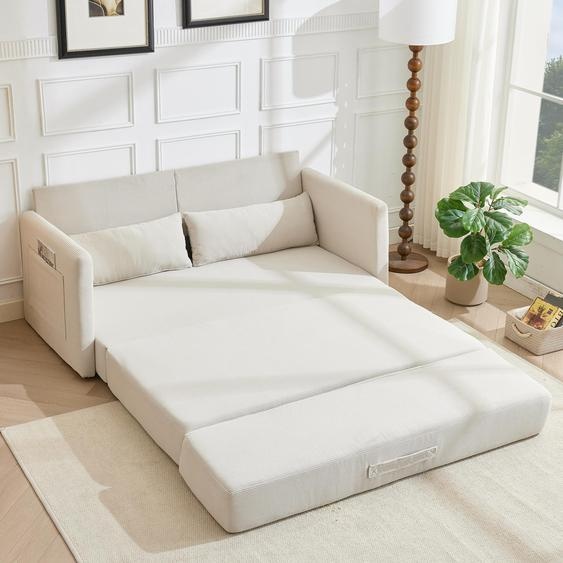 Canapé-lit LVHOM 2 places extensible en velours côtelé, canapé-lit avec fonction couchage et poches latérales, canapé-lit dappoint avec 2 coussins, 165 x 92 x 82 cm, beige
