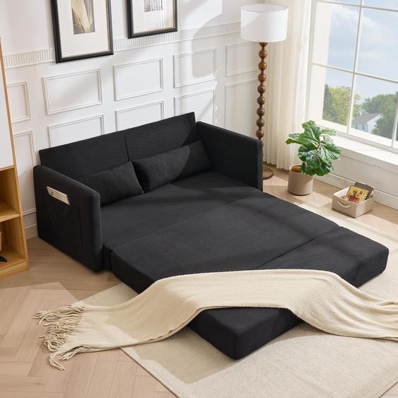 Canapé-lit LVHOM 2 places extensible en velours côtelé, canapé-lit avec fonction couchage et poches latérales, canapé-lit dappoint avec 2 coussins, 165 x 92 x 82 cm, noir