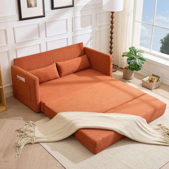 Canapé-lit LVHOM 2 places extensible en velours côtelé, canapé-lit avec fonction couchage et poches latérales, canapé-lit dappoint avec 2 coussins, 165 x 92 x 82 cm, orange