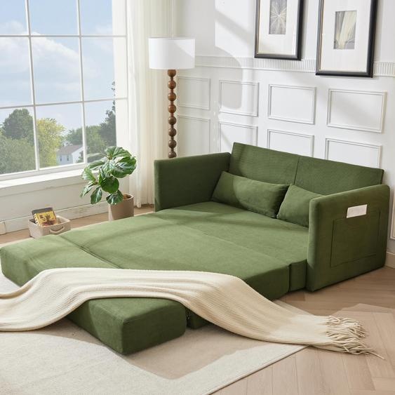 Canapé-lit LVHOM 2 places extensible en velours côtelé, canapé-lit avec fonction couchage et poches latérales, canapé-lit dappoint avec 2 coussins, 165 x 92 x 82 cm, vert