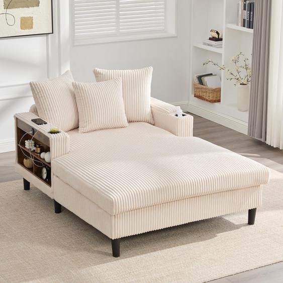 Canapé-lit LVHOM avec éclairage LED et ports USB, méridienne avec porte-gobelet et espace de rangement, grand canapé 1 place pouvant supporter jusquà 300 kg, 3 coussins inclus, 129 x 170 cm, beige