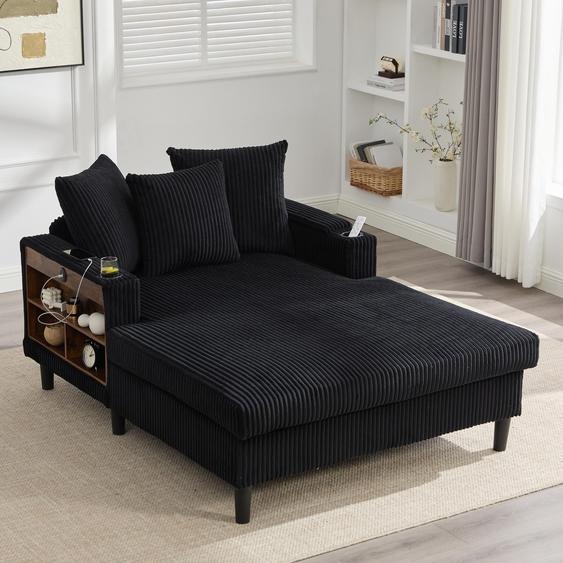 Canapé-lit LVHOM avec éclairage LED et ports USB, méridienne avec porte-gobelets et espace de rangement, grand canapé 1 place pouvant supporter jusquà 300 kg, 3 coussins inclus, 129 x 170 cm, noir