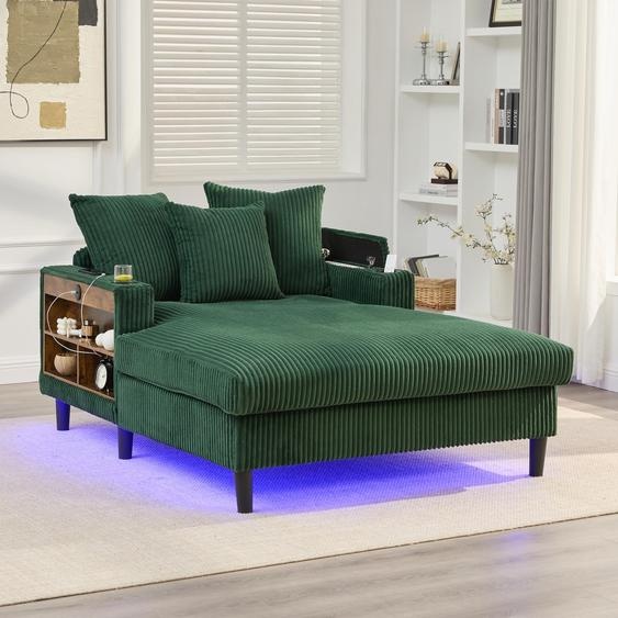 Canapé-lit LVHOM avec éclairage LED et ports USB, méridienne avec porte-gobelets et espace de rangement, grand canapé 1 place pouvant supporter jusquà 300 kg, 3 coussins inclus, 129 x 170 cm, vert