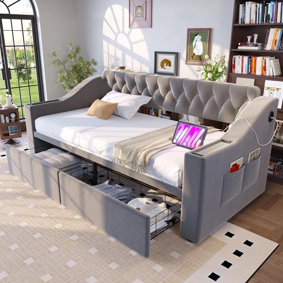 Canapé-lit LVHOM avec sommier à lattes 90 x 190 cm, lit de jour en velours avec espace de rangement et port USB, lit rembourré avec tiroirs et compartiments dans les accoudoirs, gris clair