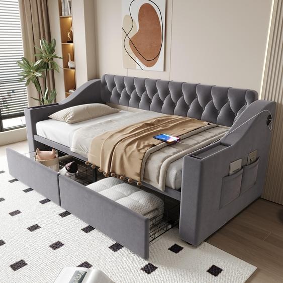 Canapé-lit LVHOM avec sommier à lattes 90 x 190 cm, lit de jour en velours avec espace de rangement et port USB, lit rembourré Daybett avec tiroirs et compartiments dans les accoudoirs, gris