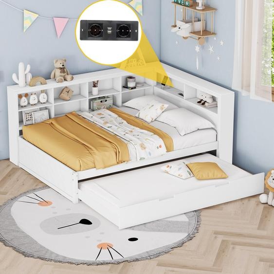 Canapé-lit Merax 140x200cm avec lit gigogne 90x190cm, lit de jour avec USB et compartiment de rangement, lit denfant avec sommier à lattes, lit double Daybett lit dadolescent, blanc