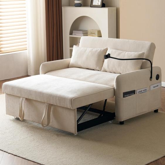 Canapé-lit Merax, canapé-lit pliant 2 places avec fonction sommeil, dossier inclinable, prise de charge USB & support de téléphone portable, canapé-lit chenille, canapé, beige
