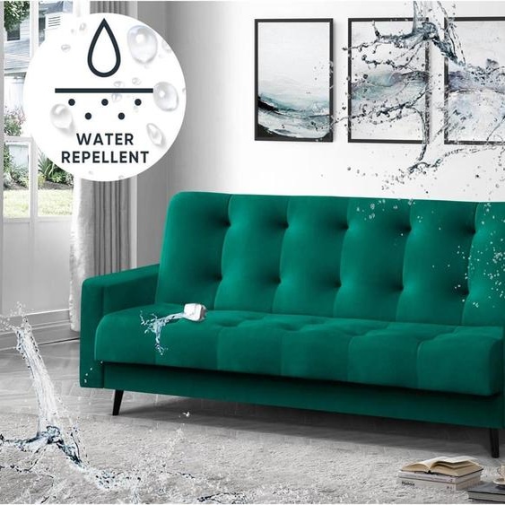 Canapé-lit Nancy BIS trois places avec fonction de couchage Boîte de lit Canapé en velours rembourré Canapé avec noyau à ressorts Pieds en bois, tissu : monolith 37 - vert bouteille