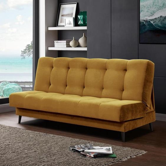 Canapé-lit Nancy Canapé avec fonction de couchage box Canapé en velours 195 cm trois places avec pieds en bois, tissu : kronos 01 - jaune moutarde