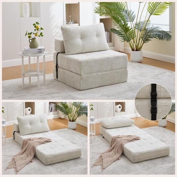 Canapé-lit pliable, matelas pliable, avec coussins, portable, dimensions : 79 x 79 x 57 cm, couleur beige