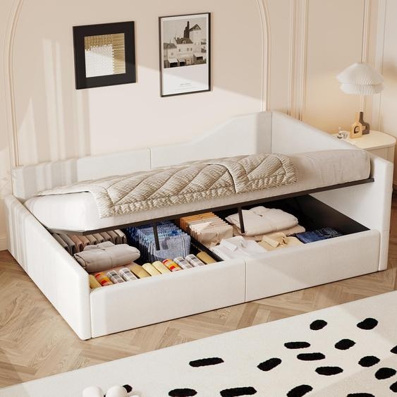 Canapé-lit rembourré 140 x 200 cm avec rangement, coffre de rangement, housse en lin, lit fonctionnel, lit dappoint, beige