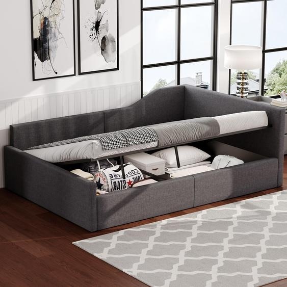 Canapé-lit rembourré 140 x 200 cm avec rangement, coffre de rangement, housse en lin, lit fonctionnel, lit dappoint, gris