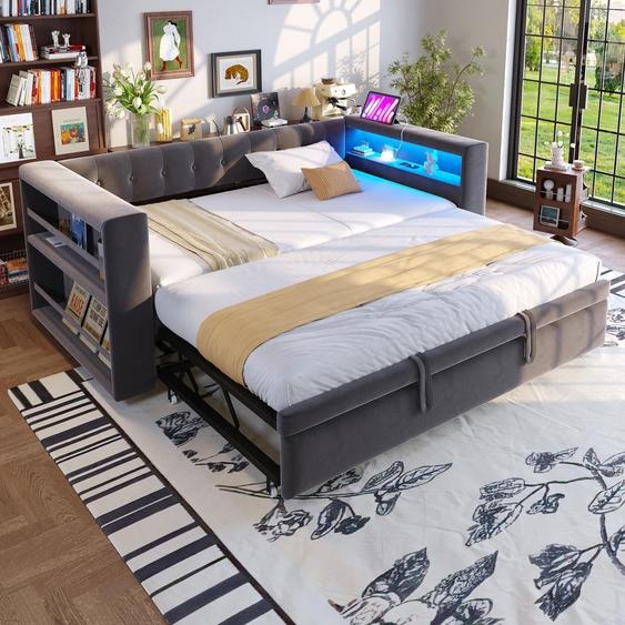 Canapé-lit rembourré 90/180 x 190 cm, avec éclairage LED, prises électriques et nombreux rangements, canapé-lit multifonctionnel (lit simple), gris foncé
