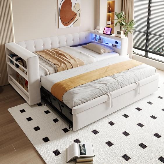 Canapé-lit rembourré 90/180 x 190 cm, avec éclairage LED, prises électriques et nombreux rangements, canapé-lit multifonctionnel pour une personne, beige