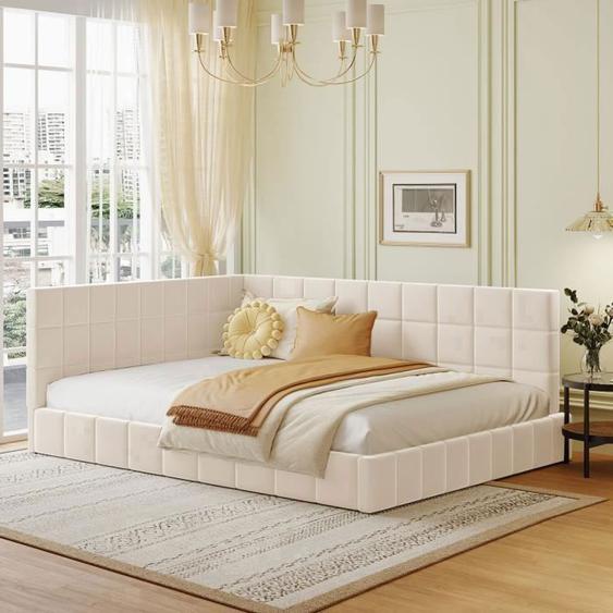 Canapé-lit rembourré Lit multifonctionnel 140*200 avec sommier à lattes en tissu velours doux pour la peau beige