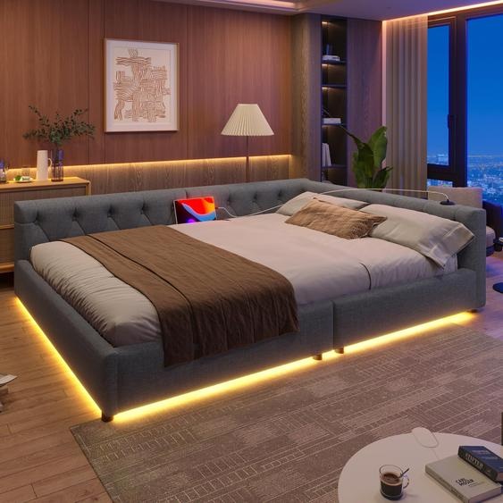 Canapé-lit Sweiko, Daybett, lit de jour, 140x200cm, Canapé-lit avec sommier à lattes (sans matelas), éclairage dambiance avec télécommande, tête de lit avec boutons, Usb+Typ-c, lin, gris