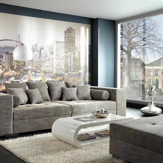 Canapé Marlen 300x140 cm gris clair avec tabouret grand canapé, Grands canapés