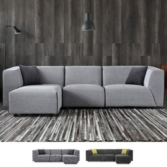 Canapé modulable 3 places en tissu de style moderne avec pouf Jantra - couleur:Gris clair