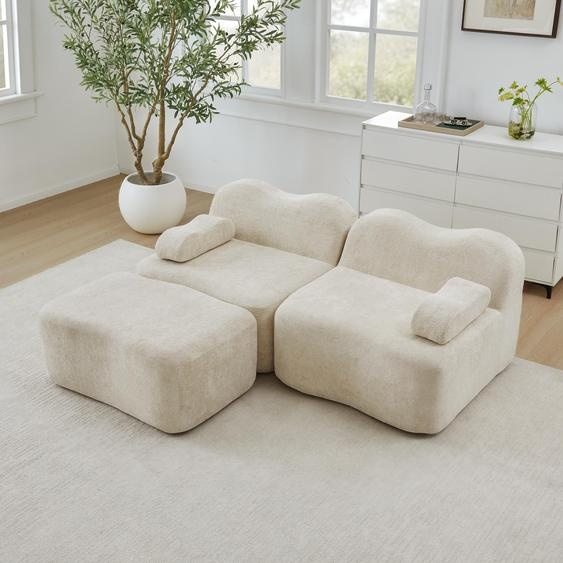 Canapé modulable en L de forme ondulée, en velours, avec pouf, coussin daccoudoir amovible, 192 x 167 x 70 cm, beige