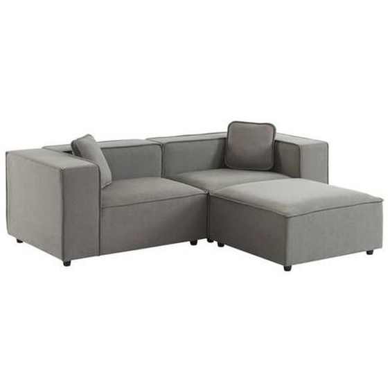 Canapé modulable en tissu gris. 2-3 places déperlant. 2 corners + 1 pouf
