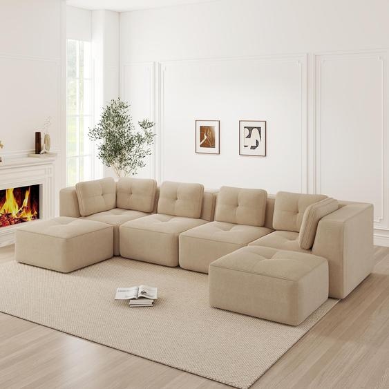 Canapé modulable en velours côtelé en forme de U avec pouf, sans structure apparente, assise profonde, 386 x 177 x 69 cm, beige